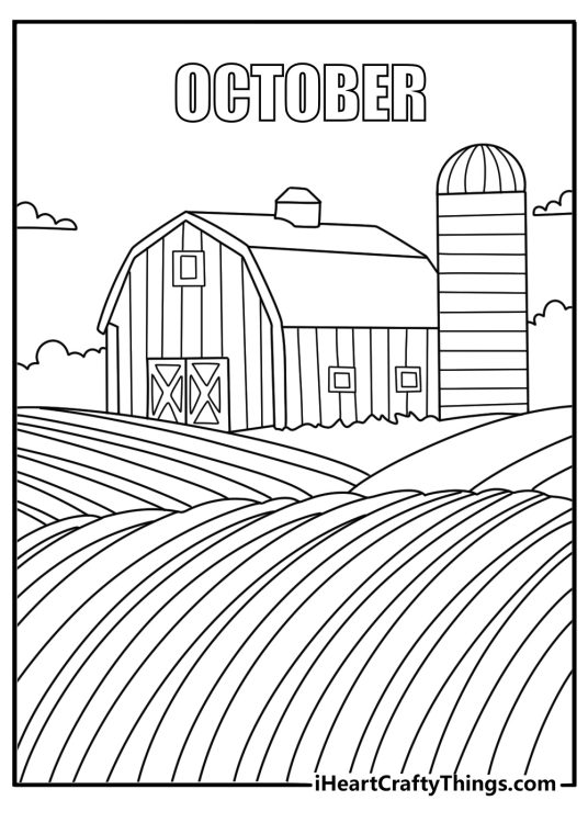 An old barn surrounded by late autumn fields fills this printable page
