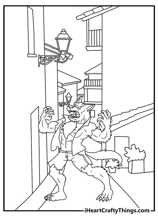 An old village street surrounds a prowling werewolf in this detailed sheet