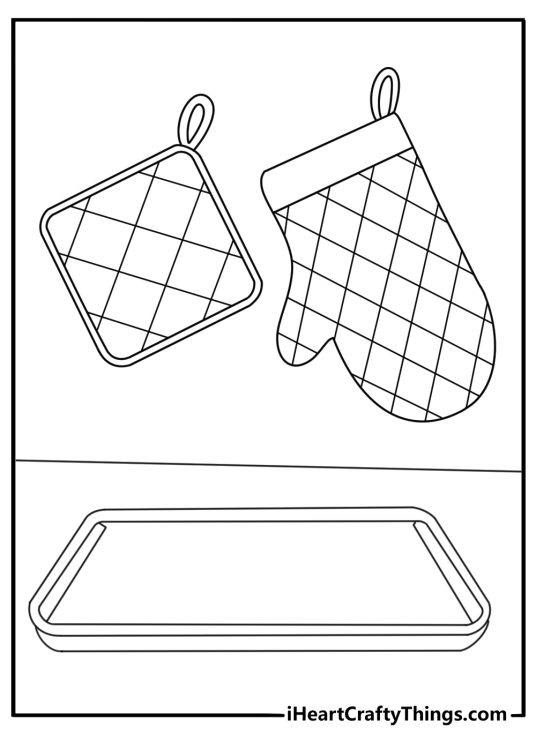 An oven mitt hangs beside a roasting pan in this kitchen coloring page