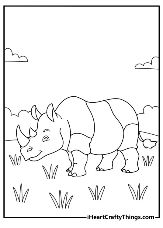 Animal coloring page showing a rhinoceros walking beside tall grass