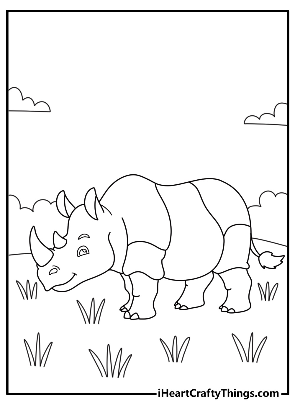 Animal coloring page showing a rhinoceros walking beside tall grass