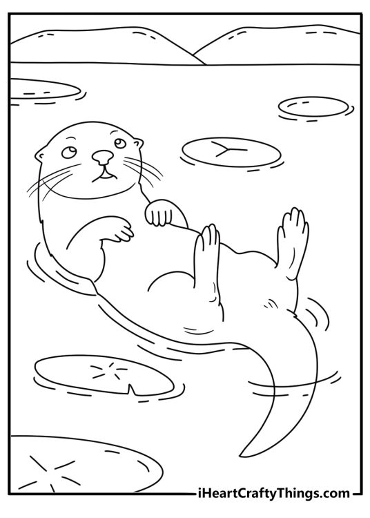 Animal coloring pages scene showing an otter floating on its back