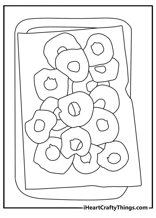 Apple coloring page for kids featuring dried apple rings on a tray