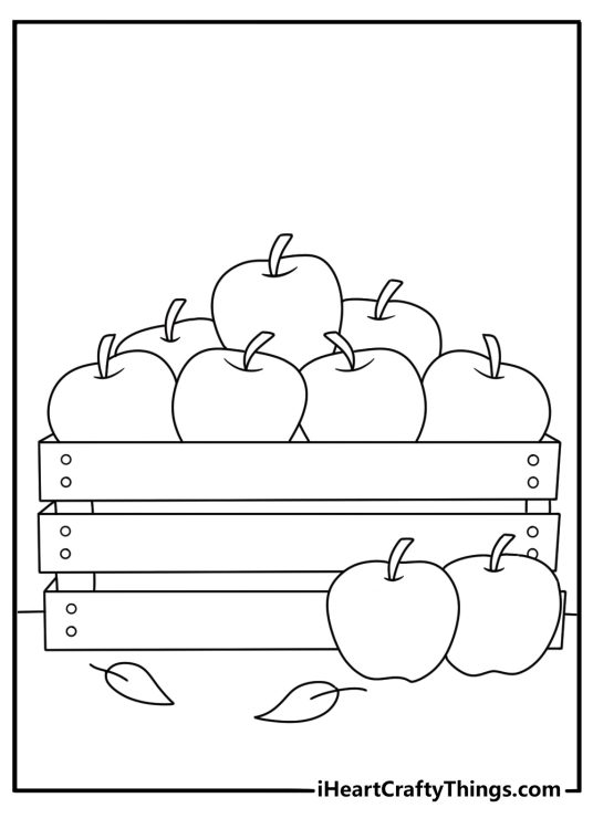 Apple coloring pages scene featuring a wooden crate filled with fresh fruit