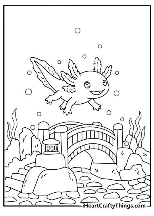 Aquarium gravel and a small bridge surround an axolotl in this printable