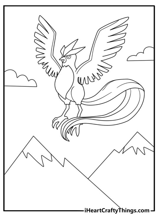 Articuno gliding over icy peaks long tail streaming