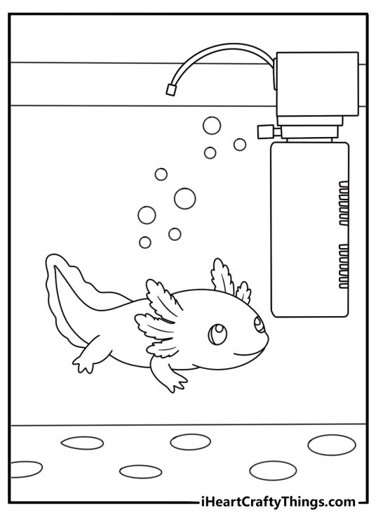 Axolotl coloring page showing a pink salamander beside an aquarium filter