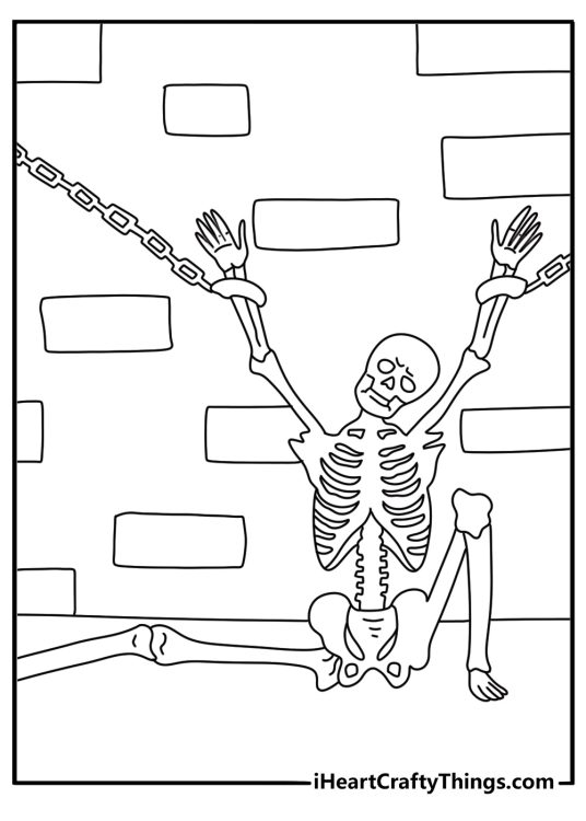Bones lie scattered around a skeleton inside an old dungeon