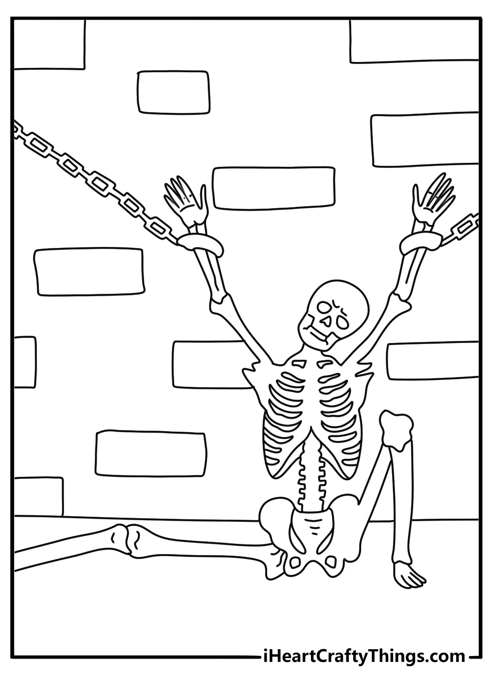 Bones lie scattered around a skeleton inside an old dungeon