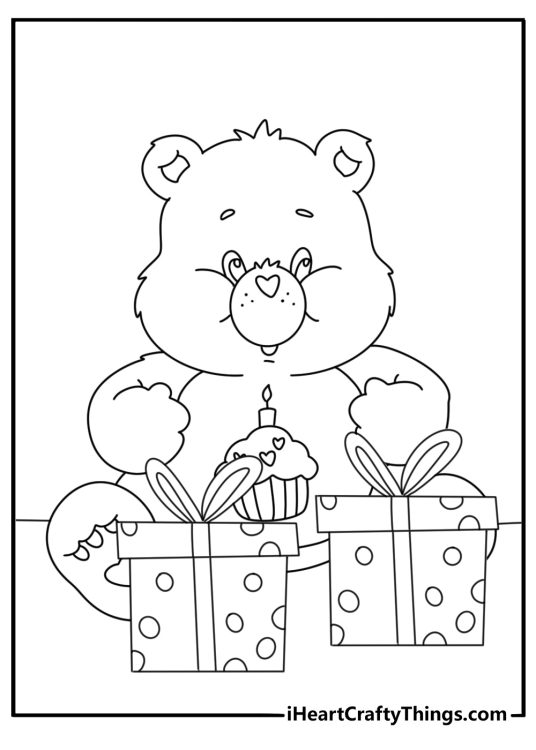 Care Bears coloring page for kids with Birthday Bear near wrapped gifts