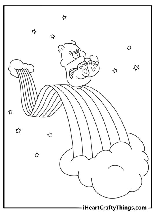 Care Bears coloring page showing Cheer Bear beside a rainbow bridge