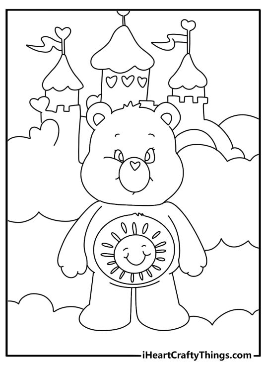 Care Bears coloring pages scene featuring Funshine Bear near a sunny cloud castle