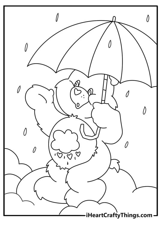 Care Bears coloring printable featuring Grumpy Bear near a tiny umbrella