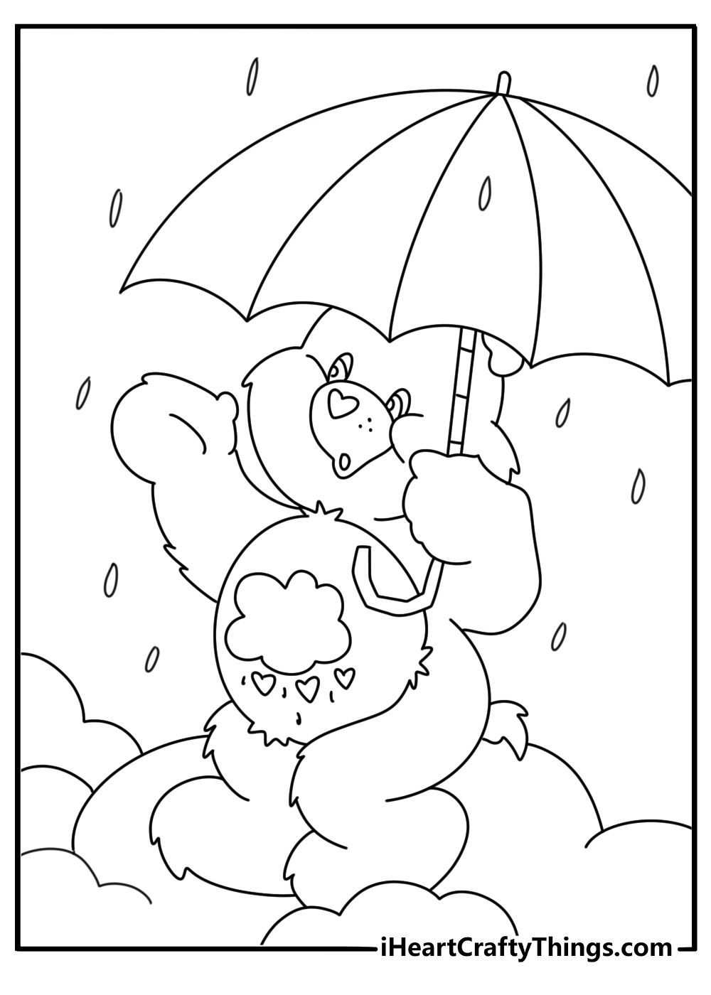 Care Bears coloring printable featuring Grumpy Bear near a tiny umbrella
