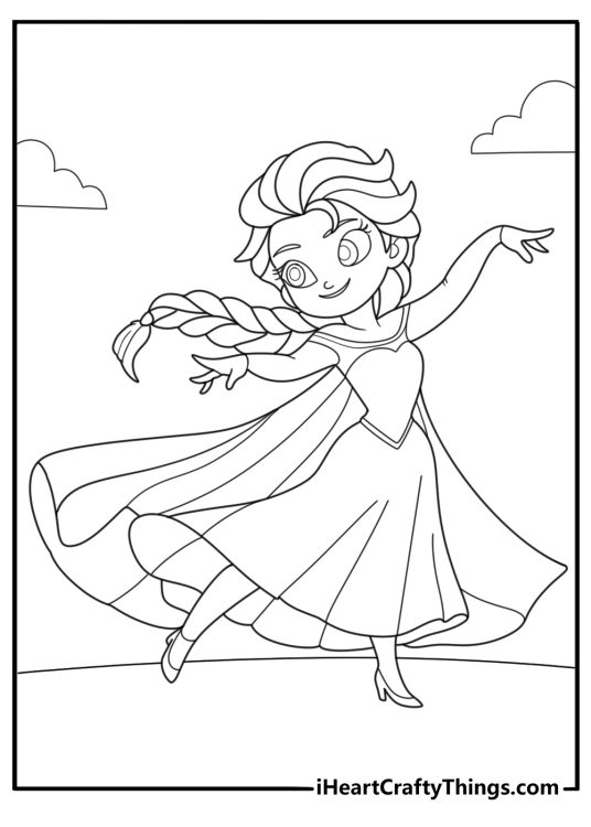 Cartoon Elsa with long braid easy coloring sheet for kids