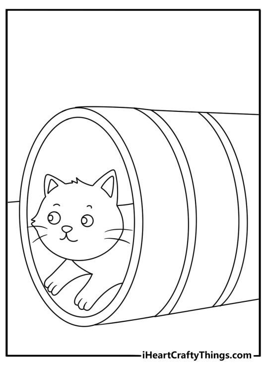 Cat coloring page for kids featuring a kitten crawling through a play tunnel