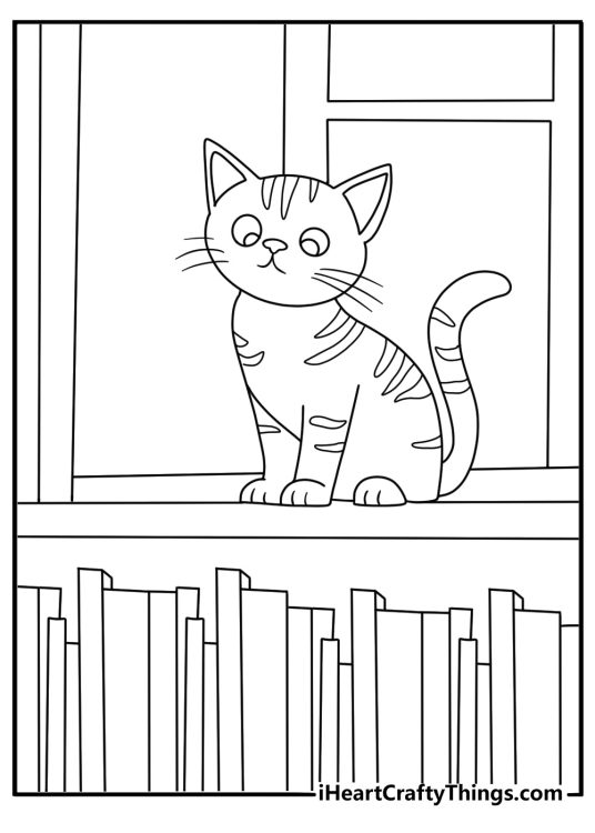 Cat coloring pages printable showing a kitten exploring a bookshelf
