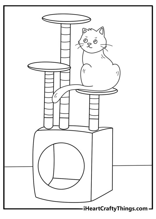 Cat coloring pages scene showing a tabby climbing a tall cat tree
