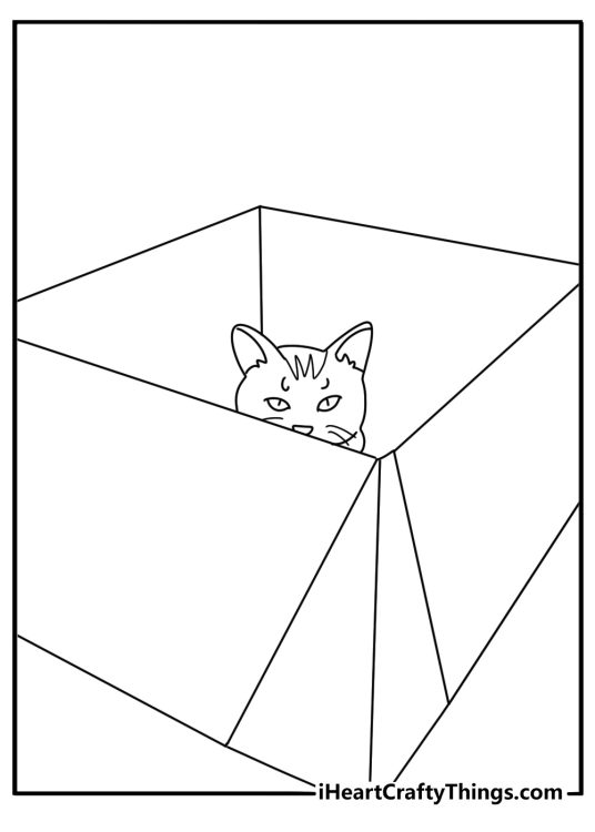Cat hiding inside a cardboard box makes a fun printable for kids