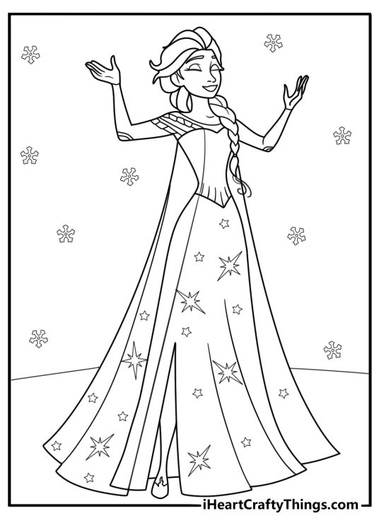 Detailed Elsa in sparkling gown winter themed coloring page