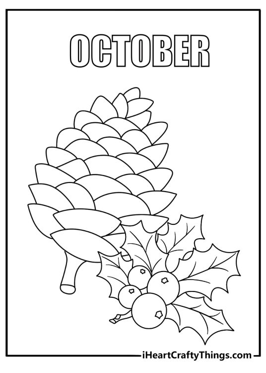 Detailed October coloring page for adults with branches berries and pine cones