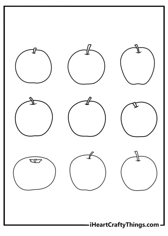 Detailed apple coloring sheet featuring different apple shapes and sizes