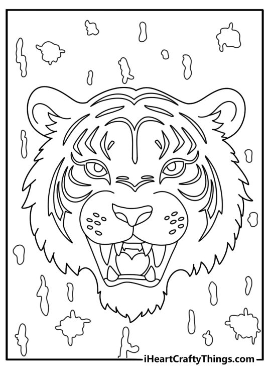 Detailed street art coloring sheet featuring a tiger face on concrete