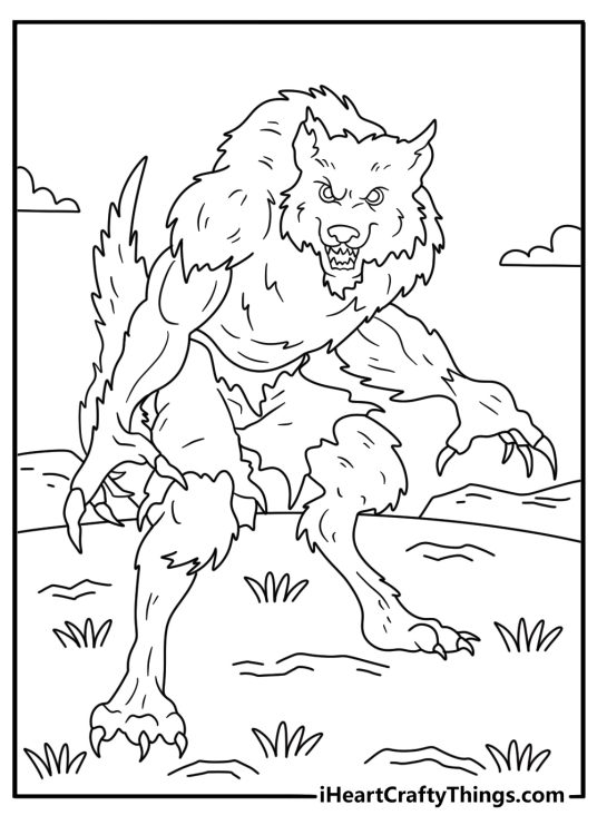Detailed werewolf coloring page for adults featuring thick fur and scar patterns