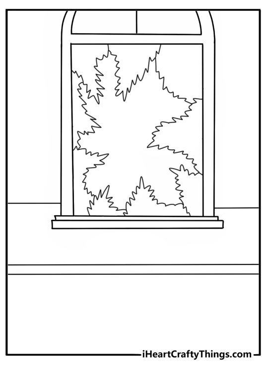 Detailed winter coloring page showing frost patterns across a glass window