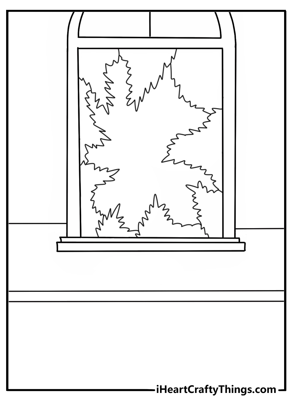 Detailed winter coloring page showing frost patterns across a glass window