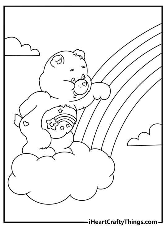 Easy Care Bears coloring sheet with a rainbow badge and fluffy clouds