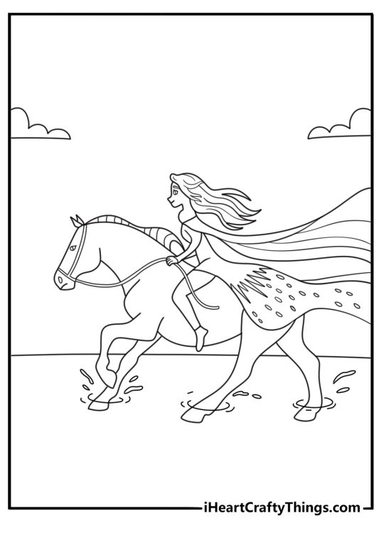 Elsa coloring page showing her riding the Nokk across dark water