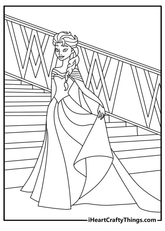 Elsa coloring pages scene featuring the snow queen beside a tall ice staircase