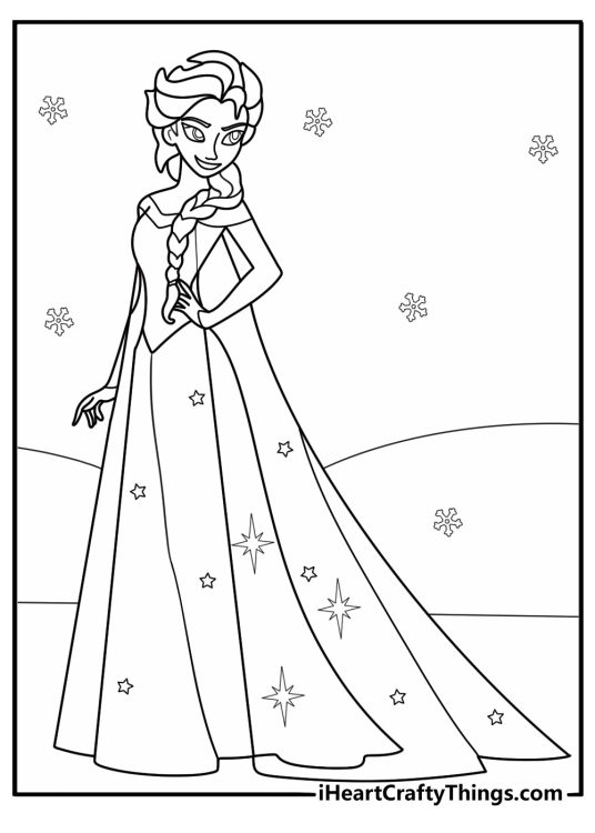 Elsa in ball gown surrounded by snowflakes easy coloring page