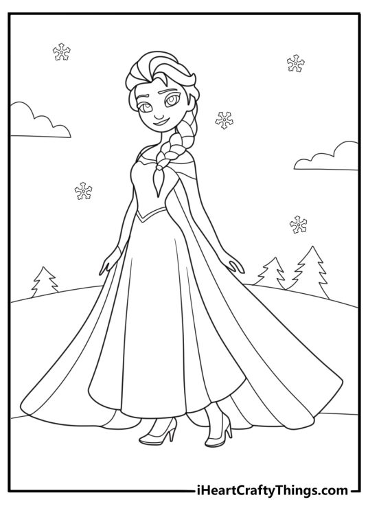 Elsa standing in snowy forest scene coloring sheet