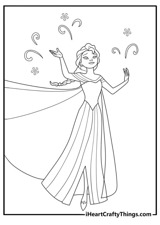 Elsa using ice powers creating snowflakes coloring page