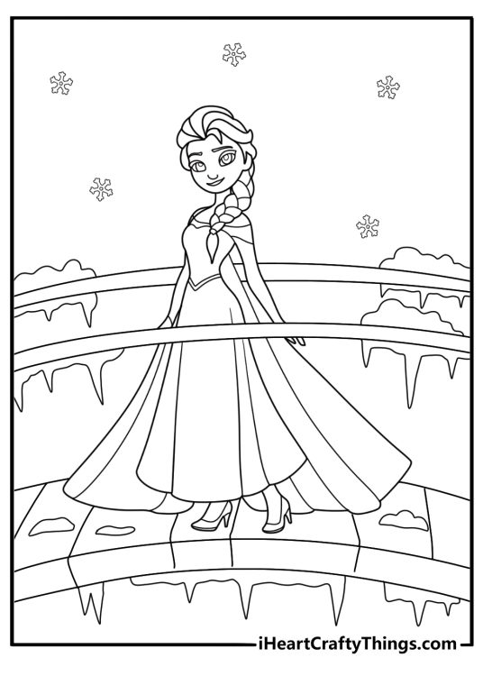 Elsa walking on frozen bridge magical coloring sheet