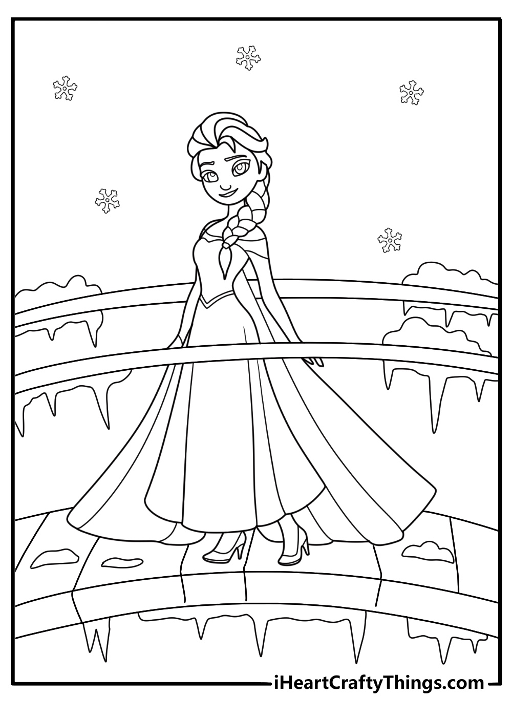 Elsa walking on frozen bridge magical coloring sheet