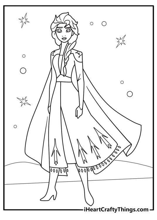 Elsa with flowing cape in the wind coloring sheet
