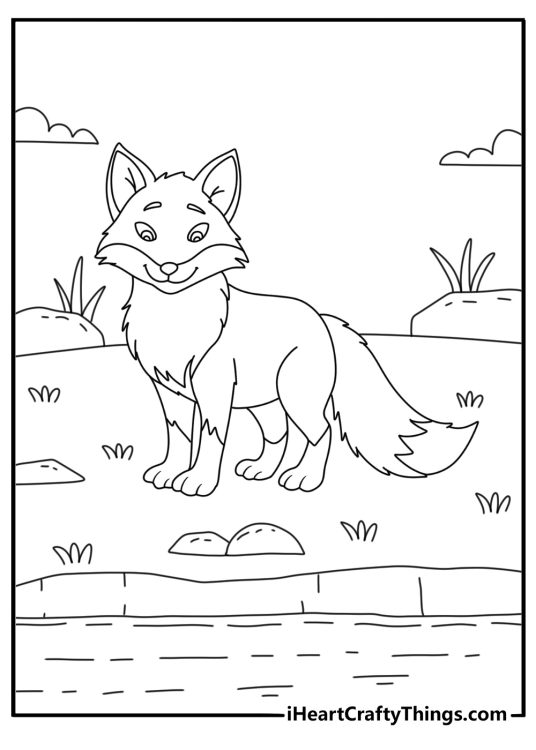 Fox coloring pages scene showing a fox near a quiet pond