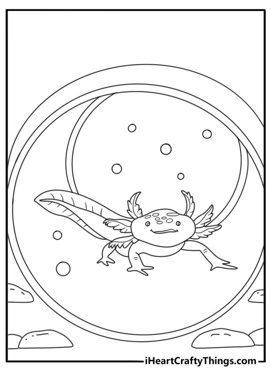 Free Axolotl coloring pages printable featuring a spotted salamander near a feeding jar