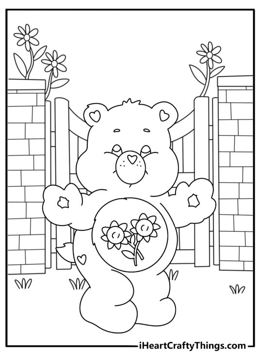 Free Care Bears coloring page featuring Friend Bear by a flower garden gate