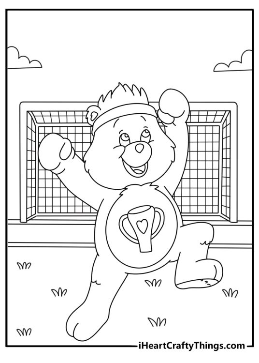 Free Care Bears coloring pages coloring page featuring Champ Bear near a soccer goa