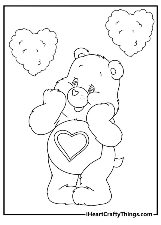 Free Care Bears printable featuring Tenderheart Bear near heart shaped clouds