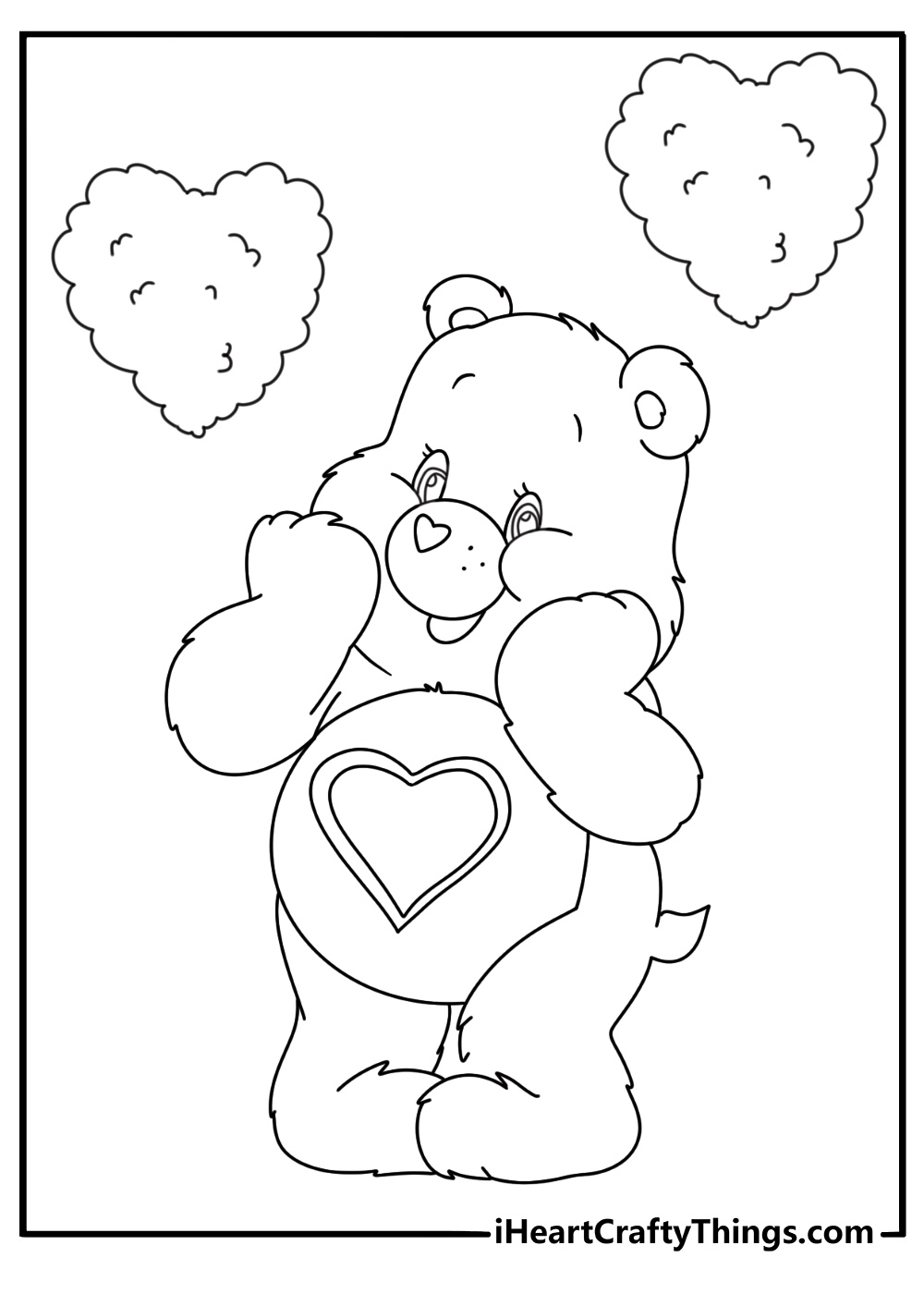 Free Care Bears printable featuring Tenderheart Bear near heart shaped clouds