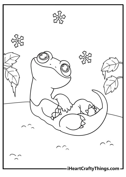 Free Elsa printable featuring Bruni resting near an icy leaf