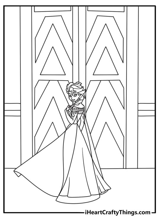 Free Frozen printable showing Elsa near the Arendelle castle gates