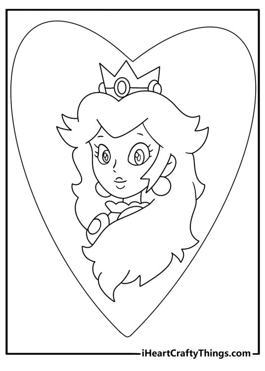 Free Princess Peach coloring pages coloring page featuring a heart shaped frame and stars