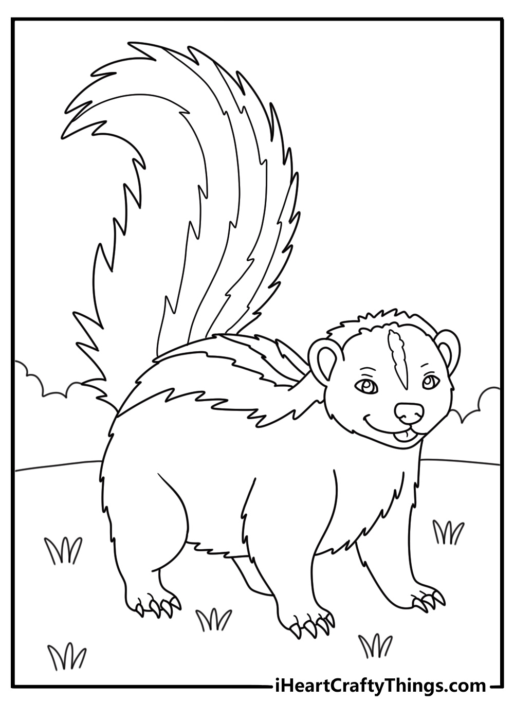 Free animal coloring page featuring a skunk exploring fallen logs