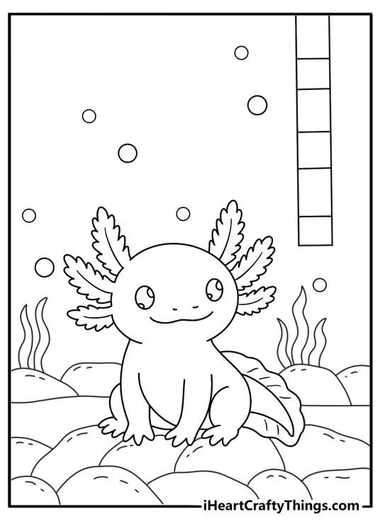 Free aquatic coloring page featuring an axolotl near a water testing kit